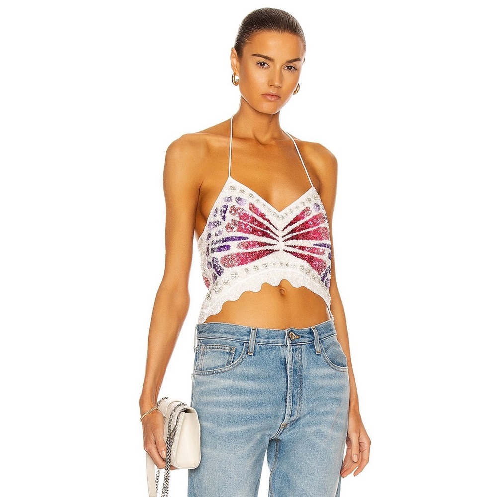 NWT Retrofete Analise Beaded Sequin Butterfly Halter Top in White Butterfly‎